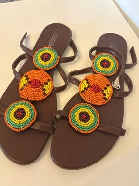 Gossip Brown Strappy Sandals with Orange, Yellow & Green Beaded Accents